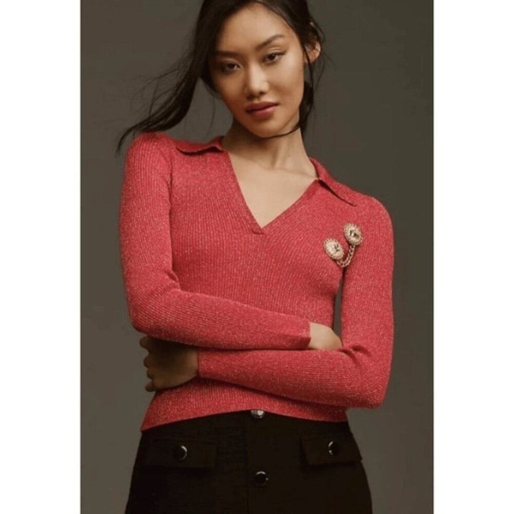 Maeve Anthropologie V-Neck Lurex Polo Sweater MEDIUM Shiny Metallic Long Sleeve